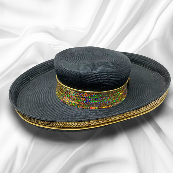 Vintage 1980\'s Sonni SF Black Gold Wide Brim Woven Hat Sequin Jewel Statement main image 5